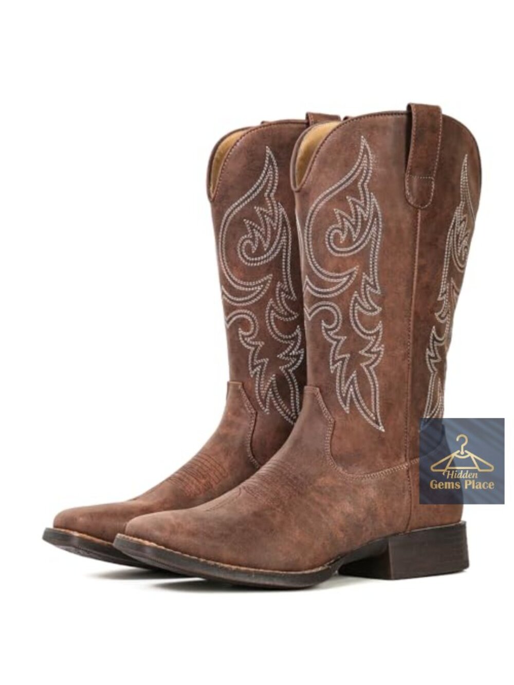Cowboy Boots for Women Mid Calf Square Toe Faux Leather